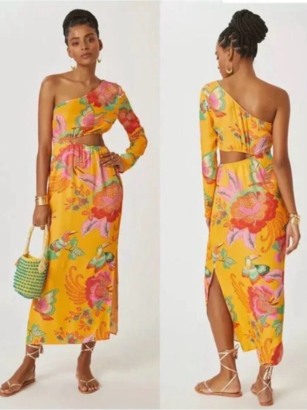FARM Rio Single-Shoulder Printed Maxi Dress, Orange, Size Medium